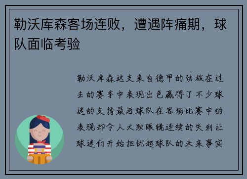 勒沃库森客场连败，遭遇阵痛期，球队面临考验